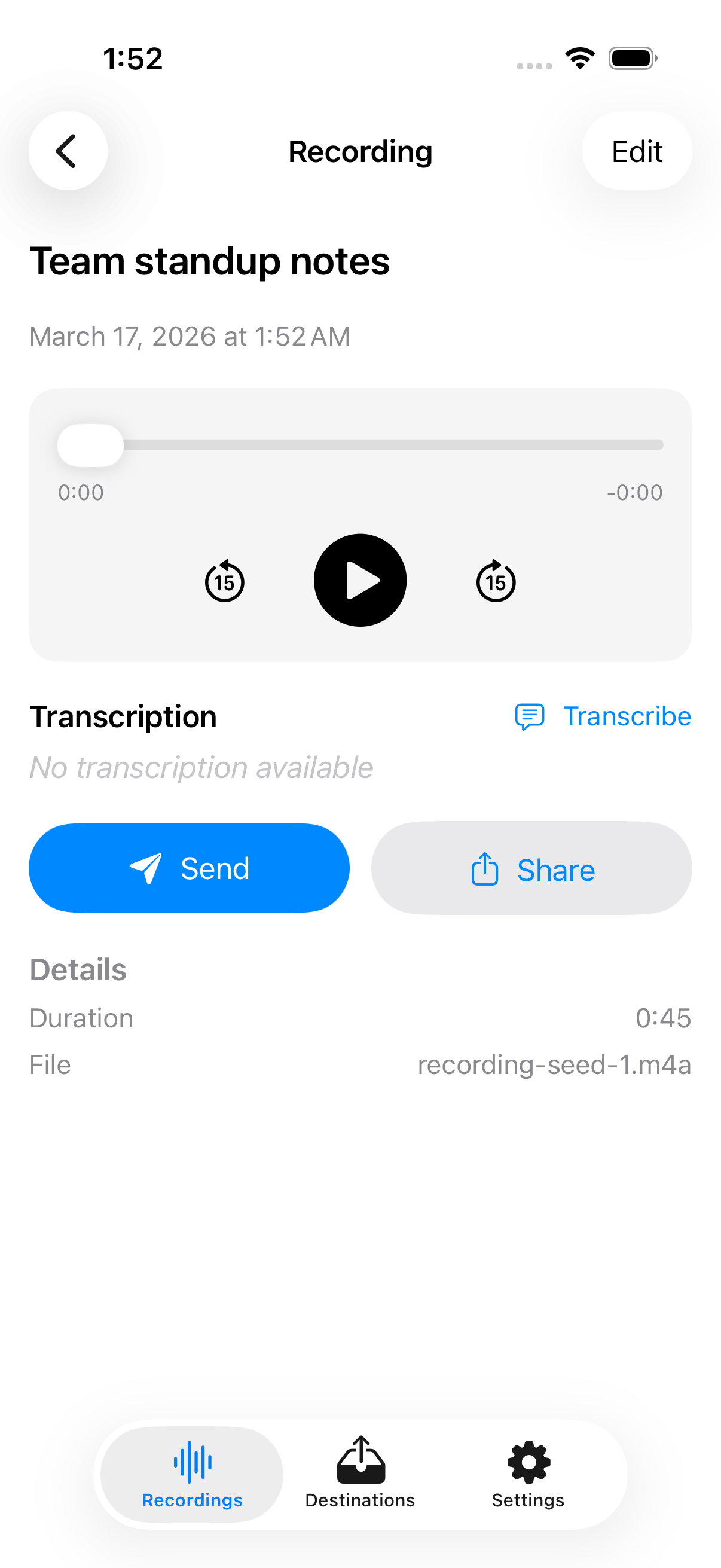 Recording detail with playback controls
